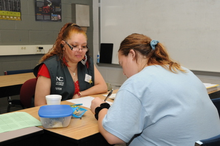 A tutor and a student sitting at a table, working.