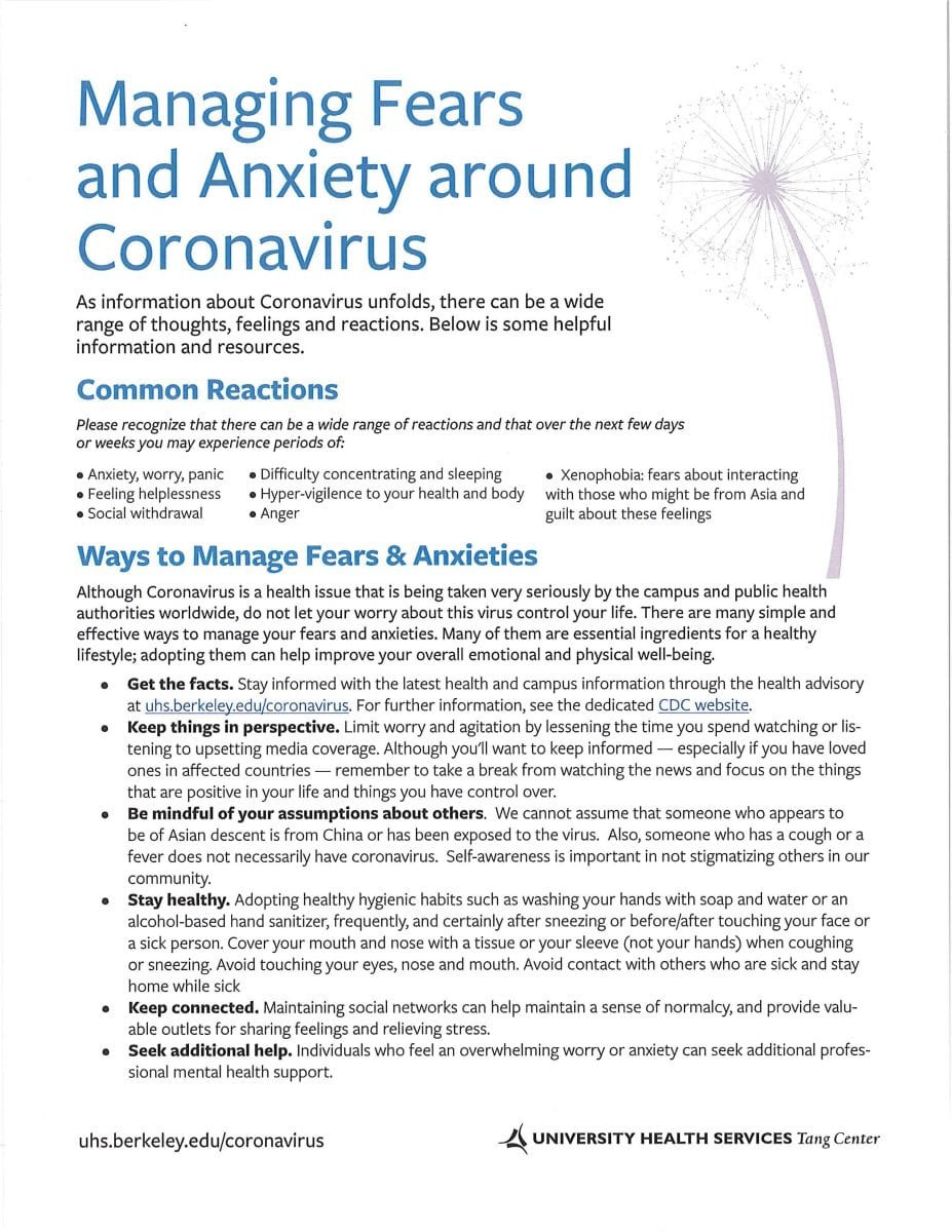 This is an image of a resource page to help students manage their fear and anxiety regarding Coronavirus/COVID19.