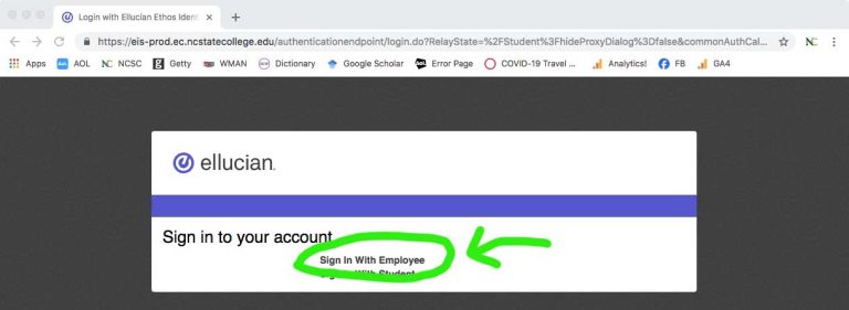 Step two for MyNC login by employees. Click Sign in with employee.