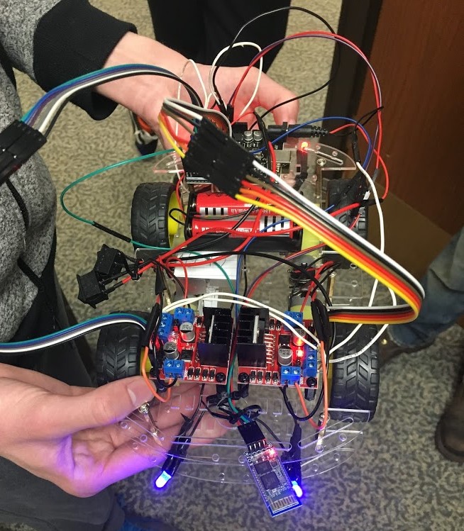 Close up of an Arduino Bluetooth Robotic Car built by students