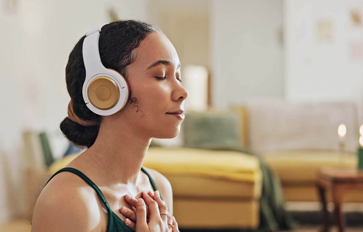 Young woman with headphones on.